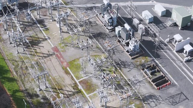 Ferntree Gully, Australia - 24 August 2026: Aerial view of the Ferntree Gully Zone Substation featuring electrical transformers, power lines, and industrial infrastructure.