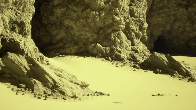 Sunlight paints the sandy surface with a warm glow while rocky formations stand tall. The scene captures the beauty and serenity of a secluded desert at dusk, inviting exploration.