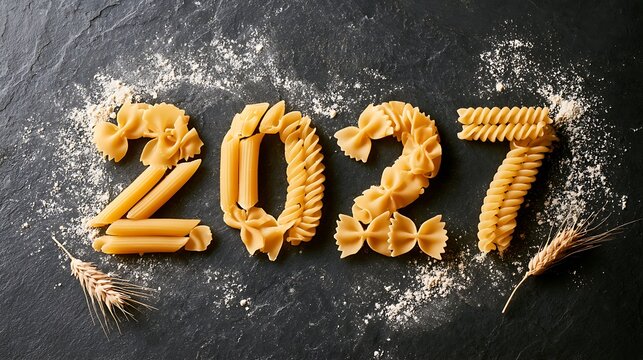 Year 2027 numbers made of dry pasta types with flour and wheat on black stone background