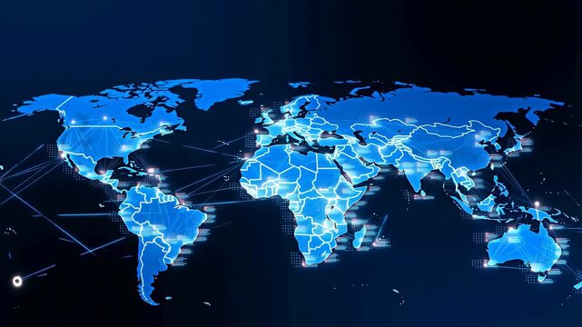 Digital world map with glowing blue network nodes connected by pulsing white lines on a dark background. Animated texture shows map outlines and lines with pulsing nodes.