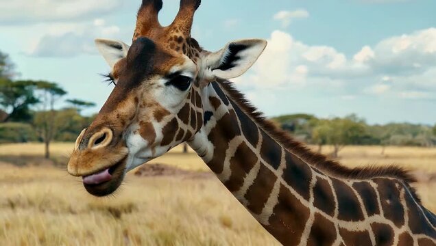 Extraordinary 4K Ultra HD extreme close-up footage capturing the long textured tongue of a reticulated giraffe (Giraffa reticulata) during morning sunlight on a African safari ideal for