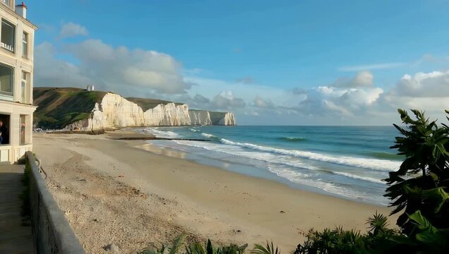 Cinematic 4K coastal video of Ramsgate on the Kent coast in England capturing golden sandy beaches white chalk cliffs and deep blue ocean skies for British travel documentaries and seaside
