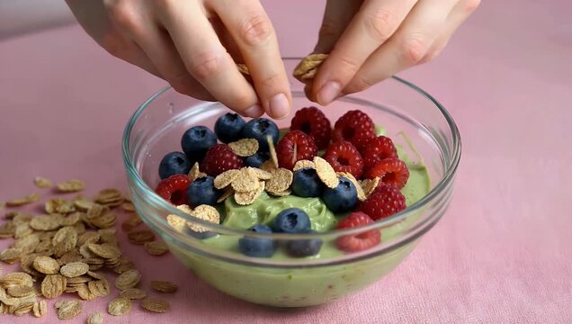Playful 4K stop-motion video displaying acai smoothie bowls topped with granola blueberries and fresh raspberries on a bright pink surface showcasing colorful healthy breakfast prep for culinary