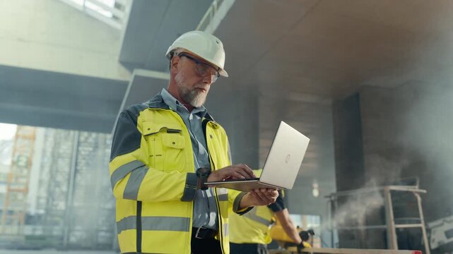 Real Estate Building Construction Site: Portrait of Structural Engineer Using Laptop Computer for Blueprint Specifications. Data Center Facility Hyperscale Building. Cinematic Slow Motion Arc Shot