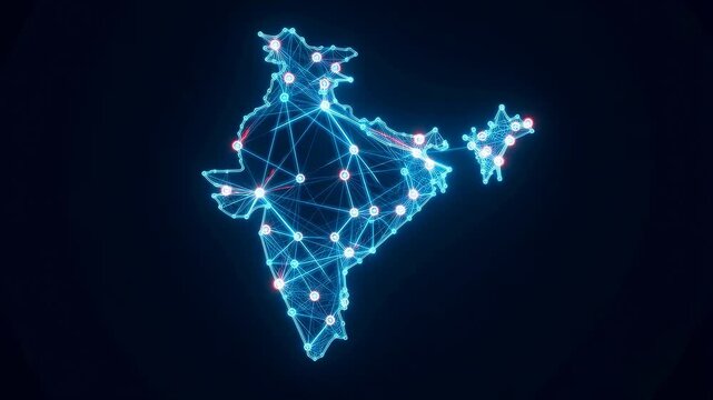 Glowing network nodes pulse and connect across a digital map outline of India on a dark background. Abstract animation features pulsing nodes and luminous energy.