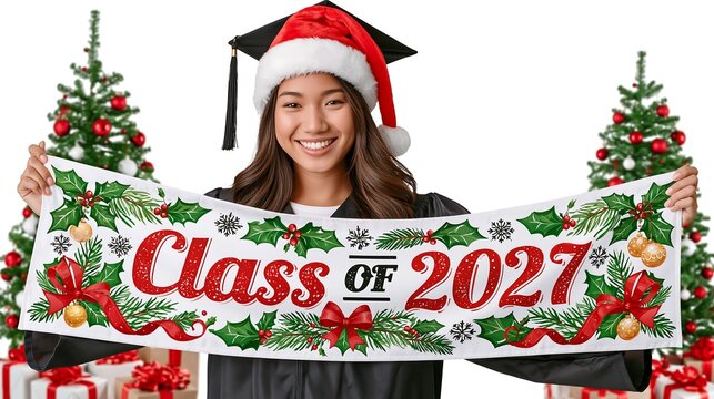 Happy female student wearing a Santa hat holding a decorative Class of 2027 banner for a festive holiday graduation celebration party event