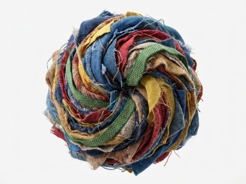 Fabric scraps, textile recycling concept, isolated on white background