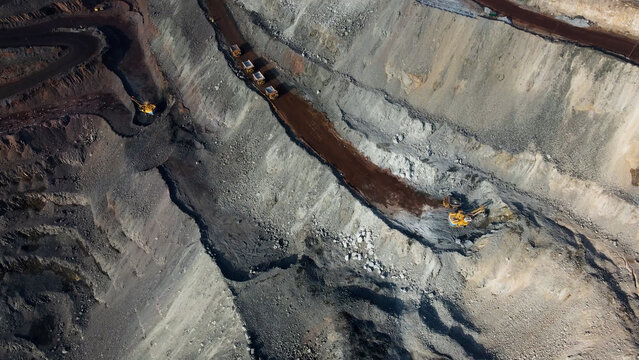 Iron ore quarry, iron ore mining, aerial view from drone