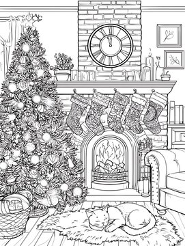 Christmas coloring page with sleeping cat by fireplace and decorated tree