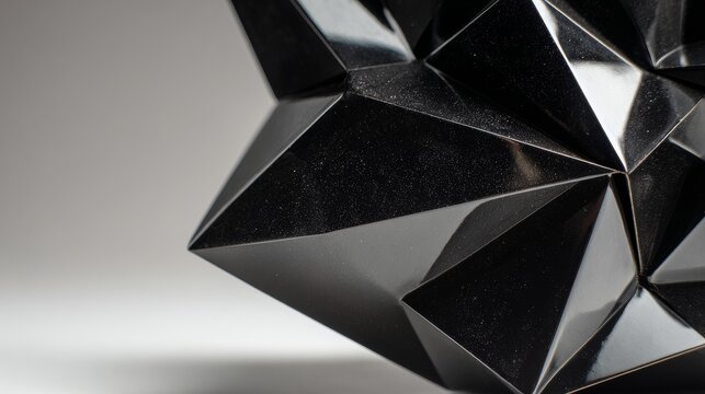 A Notebook that is actually a complex, multi-faceted geometric sculpture made of shiny, reflective black material. Sharp angles, deep shadow. 