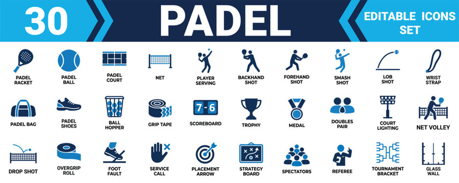 Set of 30 padel sport icons featuring rackets balls court players and tournament gear for web design Minimal solid fill icon set bundle collection. Editable Vector Illustration Mega pack