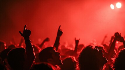 Fototapeta premium Foule en silhouette lève les mains lors d'un concert baigné de lumière rouge