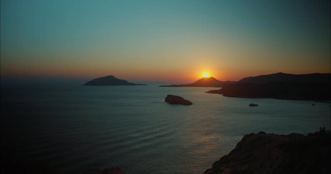 Panoramic view of the Aegean Sea during sunset seen from top of the Temple of Poseidon in Greece