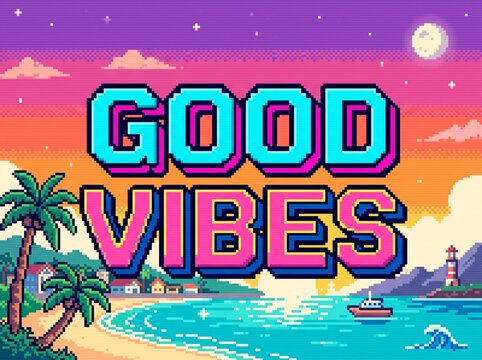 Good Vibes pixel art typography with tropical beach sunset and palm trees illustration