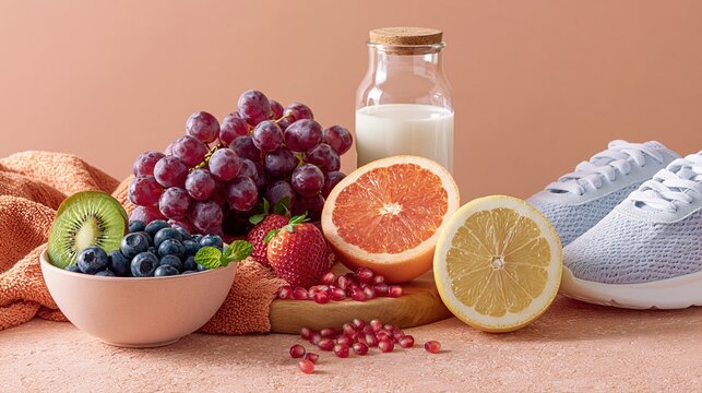 Composition de fruits frais, lait et chaussures de sport symbolisant un mode de vie sain