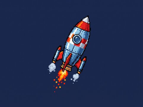 Pixel art rocket ship launching into space with fire exhaust and smoke trail.