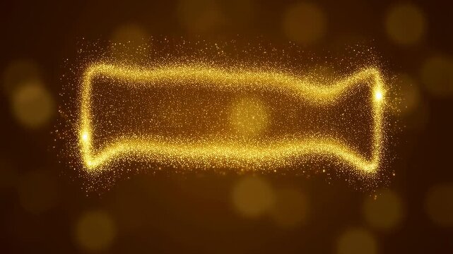 Glowing golden particle rectangular frame shimmers and flows on a dark brown background. Animated scene combines particles glowing points rectangular with glow shimmer bokeh.