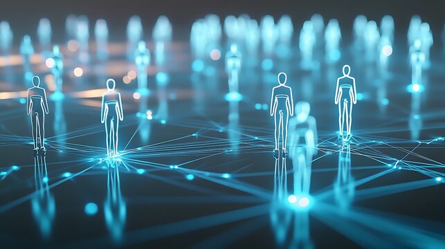 Digital human network connection concept with glowing blue lines and nodes representing social interaction and global communication data flow