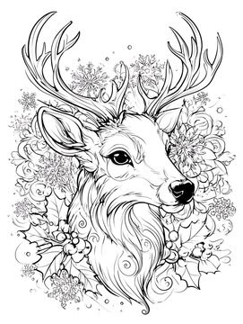 Christmas coloring page with deer portrait and ornate mandala background