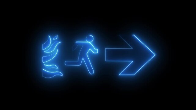 Animated neon exit sign showing fire hazard and emergency evacuation on black background. 4k motion video.