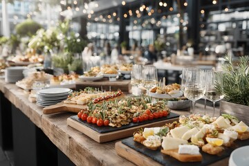 Fototapeta premium A lavish spread of delectable appetizers and food stations at a catered event, ready to impress guests with an array of culinary delights