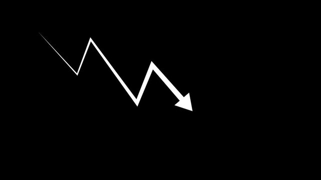 Business down graph white color arrow financial chart investment market concept black background. 4k motion video.
