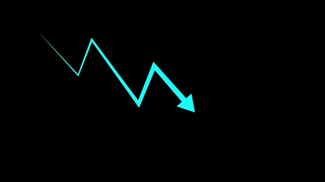 Business down graph white color arrow financial chart investment market concept black background. 4k motion video.