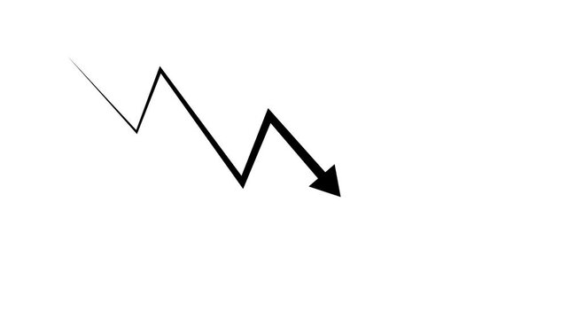 Business down graph white color arrow financial chart investment market concept black background. 4k motion video.