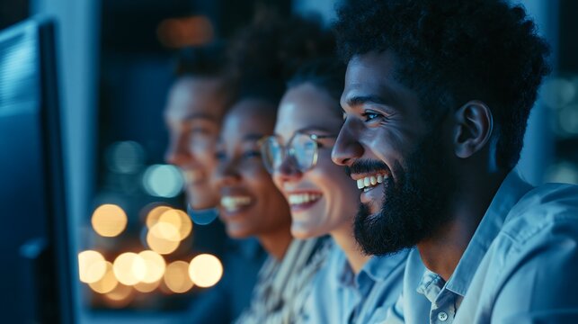 Diverse group of young professionals smiling while working together on a computer screen in a modern office environment during late night hours