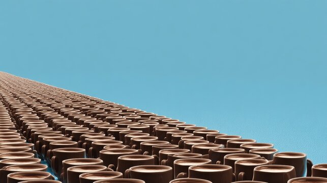 A repeating pattern or chain of identical coffee cups stretching into the distance on a smooth, empty surface. Symmetry, pattern recognition. 