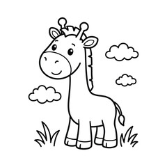 Fototapeta premium Cheerful baby giraffe standing with clouds for children coloring project.