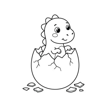 Cute baby dinosaur hatching from egg shell coloring page illustration.
