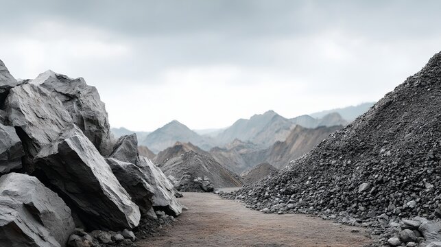 A desolate mountain landscape filled with rocks and debris under a cloudy sky. The scene evokes a sense of ruggedness and the power of nature