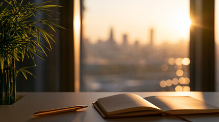 Fototapeta na wymiar A closed leather notebook and golden pen on a desk by a large window during sunset with a beautiful city skyline view and warm golden light illuminating floating dust particles.