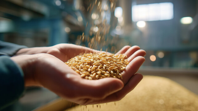 Hands holding harvested wheat grains as more grain falls from above in a processing facility. Agriculture, grain quality control, harvest and food production concept.