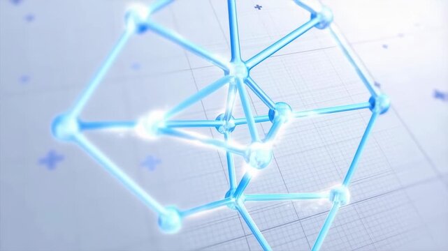 Glowing 3D polyhedral molecular structure rotates against a light grid background with plus symbols. Animated texture shows spheres and cylindrical rods with rotating.
