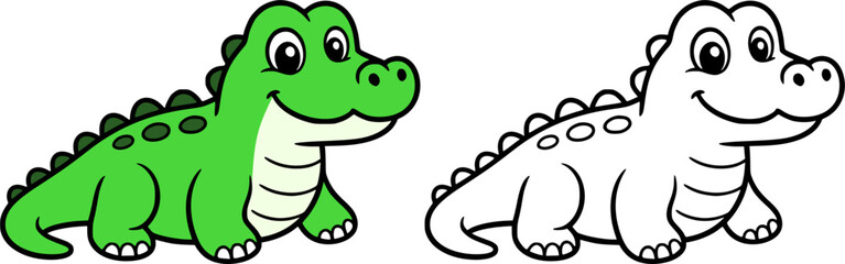 Fototapeta premium Crocodile illustration icon in line art style and colored, coloring page for kids