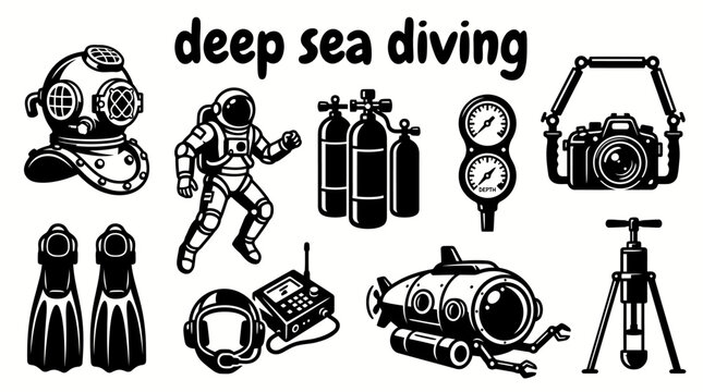 deep sea diving equipment featuring professional divers diving helmets oxygen tanks pressure gauges underwater cameras communication devices lights fins and specialized exploration gear vector