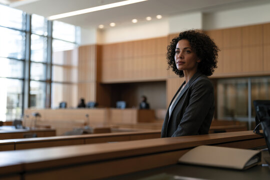 A determined lawyer gazes thoughtfully out of the courtroom window, contemplating the challenges ahead with a focus on justice and professionalism in the legal field.