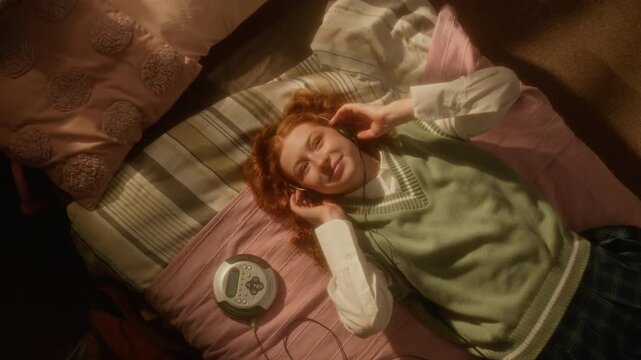 Portrait of Caucasian teenager lying on bed, pressing play on retro CD player and listening to music with headphones. High angle shot ideal for nostalgia marketing or youth lifestyle campaigns