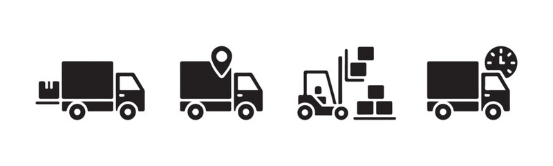 Fototapeta premium Black delivery transport and forklift logistics icons on transparent background for warehouse management.