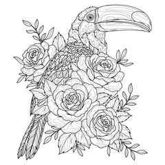 Naklejka premium Toucan and flowers.Coloring book antistress for children and adults. 