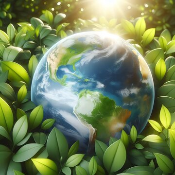 A earth globe in leaves background.