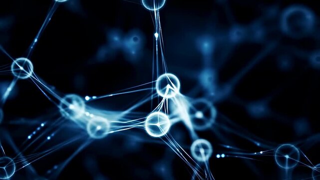 Glowing blue network of interconnected nodes pulses and flows on a dark background. Animated texture shows spheres and thin connecting lines with pulsing motion.
