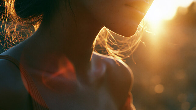 A close-up profile portrait of a young woman bathed in the warm golden glow of a sunset highlighting her delicate jawline collarbone and red dress with a dreamy cinematic film aesthetic.