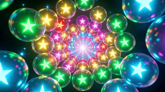 Glowing neon star spheres in futuristic tunnel