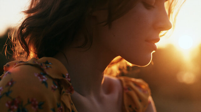A close-up profile portrait of a young woman bathed in the warm golden glow of a sunset highlighting her delicate jawline collarbone and red dress with a dreamy cinematic film aesthetic.