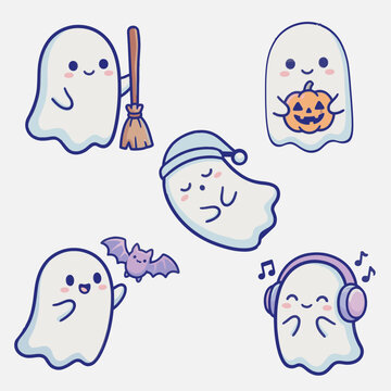 Cute Ghost Characters Halloween Flat Vector Illustration