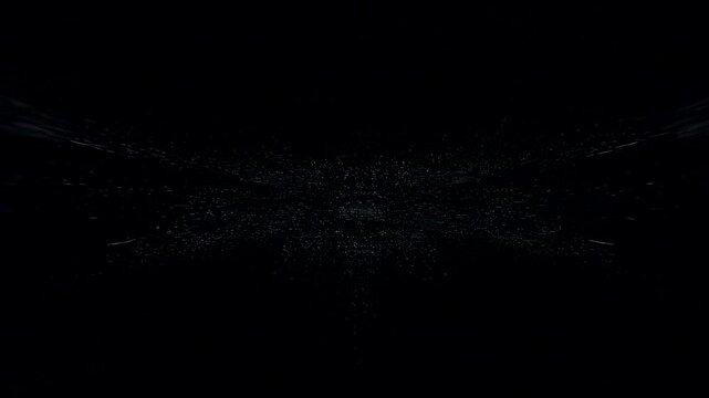 Digital tunnel formed by glowing particles arranged in a grid moves inward creating a warp effect on a black background. Layered black and dark gray tones enhance movement and depth.