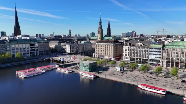Hamburg, Germany - 13 July 2026: Aerial view of Jungfernstieg promenade with boats on the Alster lake and historic buildings.